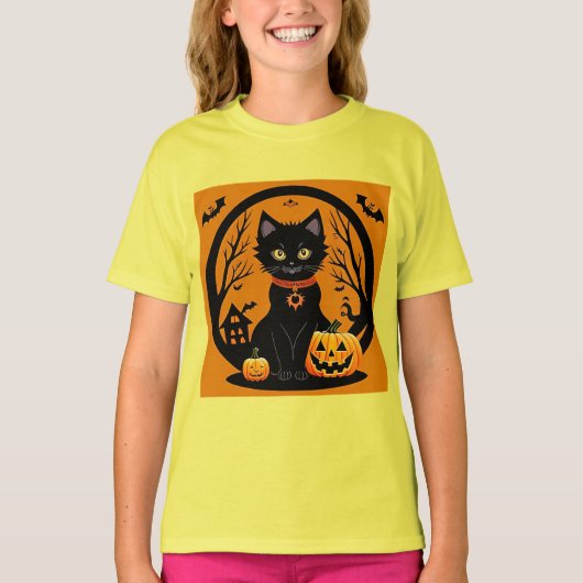 ハロウィンの黒猫がジャック・オ・ランタンに囲まれて Tシャツ (正面)