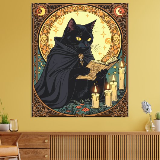 ハロウィンの黒猫が本を読む キャンバスプリント (インサイチュ (リビング))