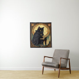 ハロウィンの黒猫が本を読む タペストリー