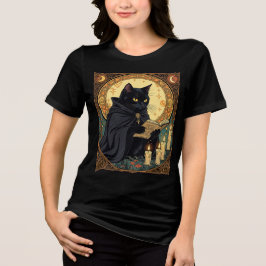 ハロウィンの黒猫が本を読む トライブレンドＴシャツ