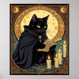 ハロウィンの黒猫が本を読む ポスター
