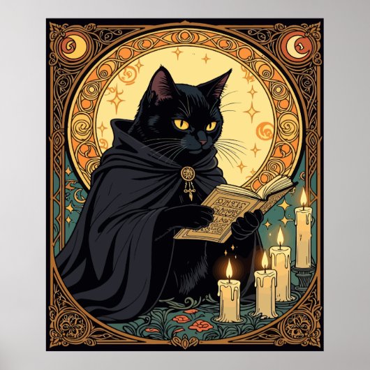 ハロウィンの黒猫が本を読む ポスター (正面)