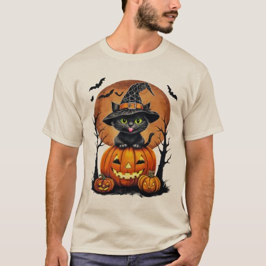 ハロウィンの黒猫とかぼちゃのギフト Tシャツ (正面)