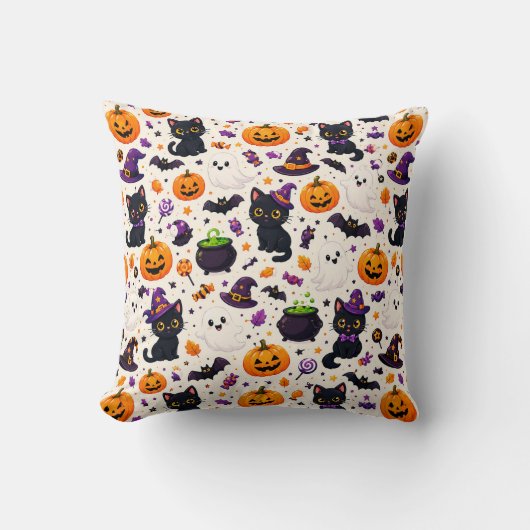 ハロウィンの黒猫とかぼちゃのパターン 🎃 クッション (正面)