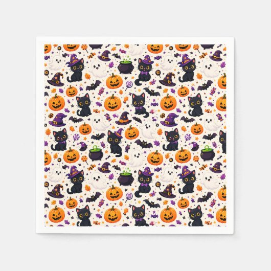 ハロウィンの黒猫とかぼちゃのパターン 🎃 スタンダードカクテルナプキン (正面)