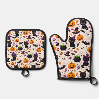 ハロウィンの黒猫とかぼちゃのパターン 🎃 鍋つかみ&鍋敷きセット