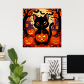 ハロウィンの黒猫とかぼちゃ かわいいおばけ ポスター (ホームオフィス)