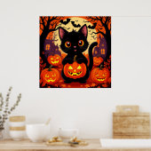 ハロウィンの黒猫とかぼちゃ かわいいおばけ ポスター (キッチン)