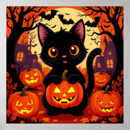 ハロウィンの黒猫とかぼちゃ かわいいおばけ ポスター