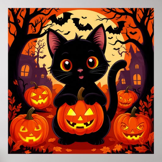 ハロウィンの黒猫とかぼちゃ かわいいおばけ ポスター (正面)