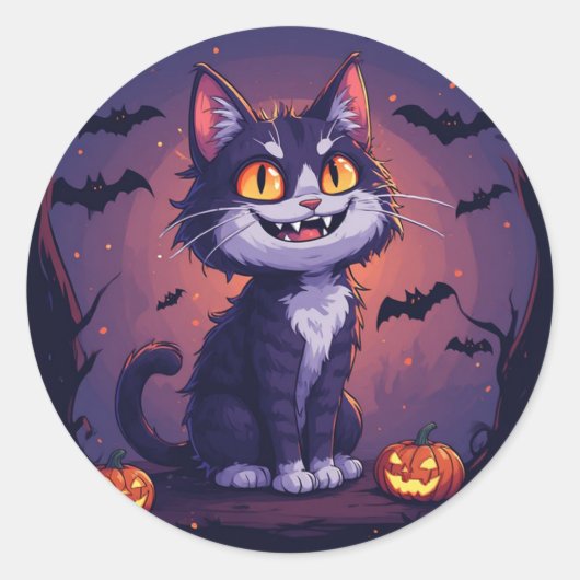 ハロウィンの黒猫とカボチャとコウモリ 🎃 ラウンドシール (正面)