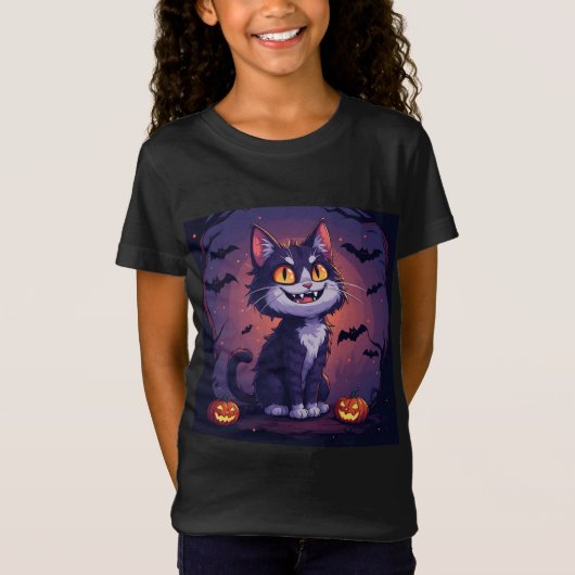 ハロウィンの黒猫とカボチャとコウモリ 🎃 Tシャツ (正面)