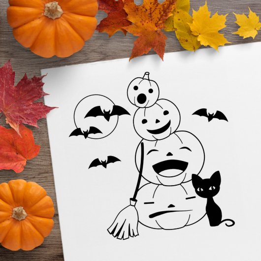 ハロウィンの黒猫とカボチャの塗り絵 ラバースタンプ