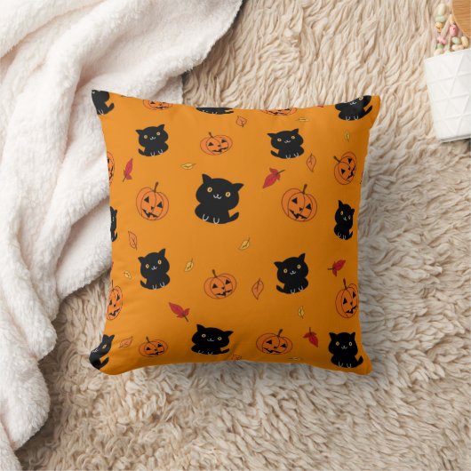 ハロウィンの黒猫とカボチャ柄 クッション (ブランケット)