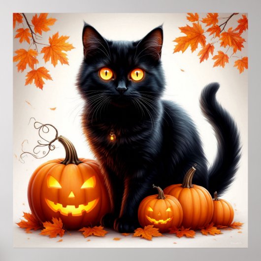 ハロウィンの黒猫とカボチャ畑のシーン 🎃 ポスター (正面)