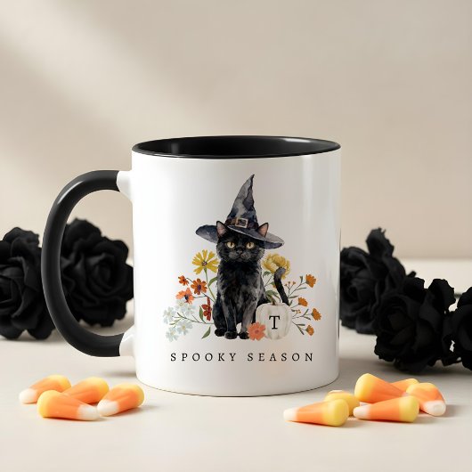 ハロウィンの黒猫とフラワーモノグラム マグカップ