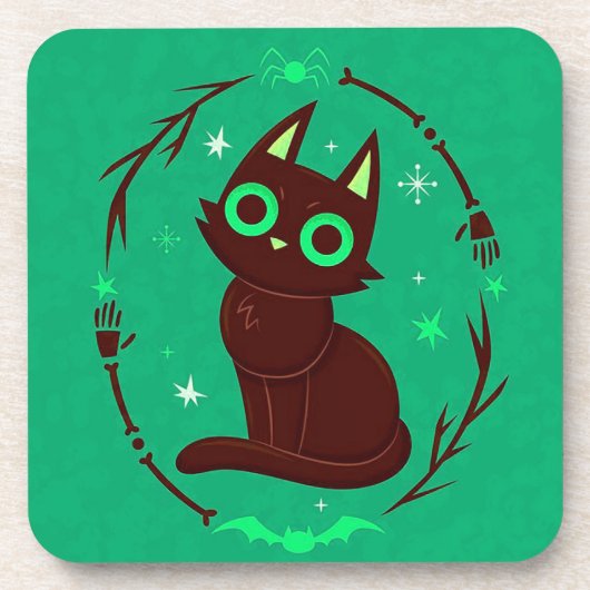 ハロウィンの黒猫のキャラクターイラスト コースター (正面)