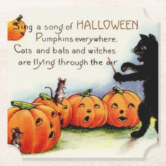 ハロウィンの黒猫のヴィンテージの紙のコースター ペーパーコースター (正面)