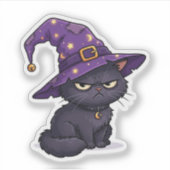 ハロウィンの黒猫の不機嫌な顔 ウィッチ シール (正面)