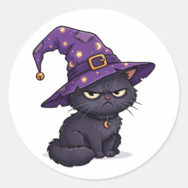 ハロウィンの黒猫の不機嫌な顔 ウィッチ ラウンドシール