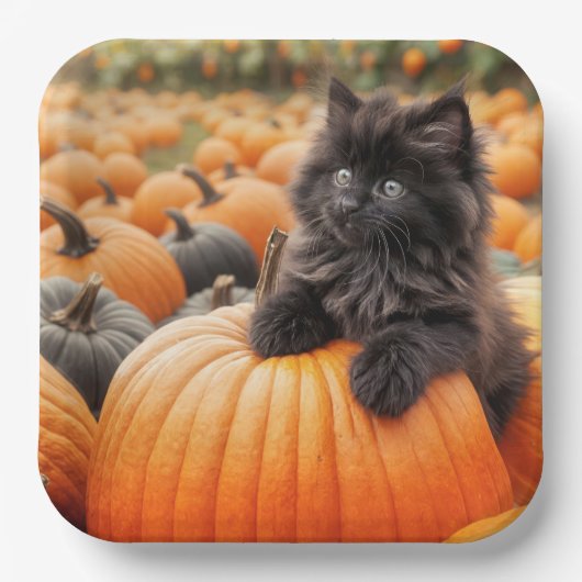ハロウィンの黒猫の子猫とカボチャ ペーパープレート (正面)