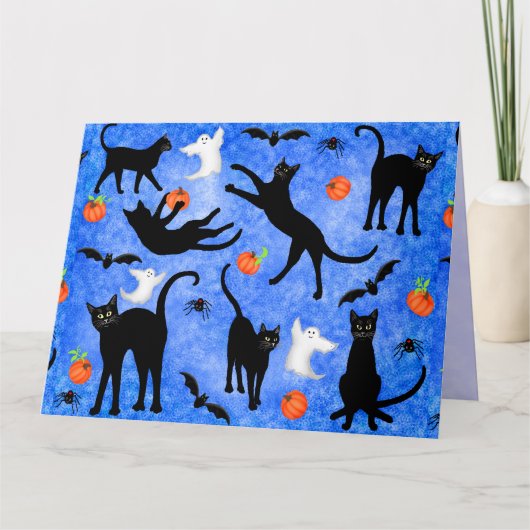 ハロウィンの黒猫の幽霊のこうもりの大きい挨拶状 カード (正面)