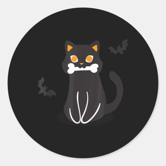 ハロウィンの黒猫の骨コウモリ ラウンドシール (正面)