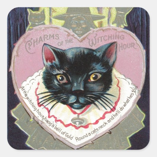 ハロウィンの黒猫の魔法使いのチャームの綴りのヴィンテージ スクエアシール (正面)