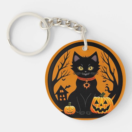 ハロウィンの黒猫を囲まれたジャック・o・ランタン キーホルダー (正面)