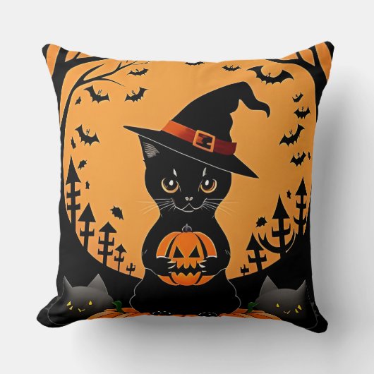 ハロウィンの黒猫を囲まれたジャック・o・ランタン クッション (正面)