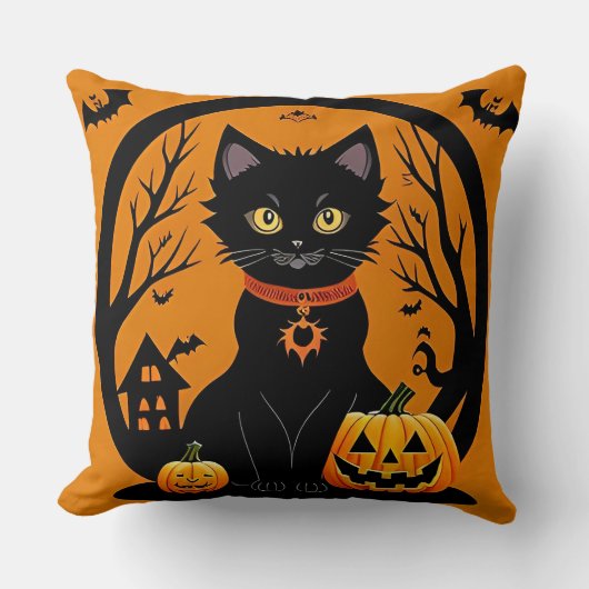 ハロウィンの黒猫を囲まれたジャック・o・ランタン クッション (正面)