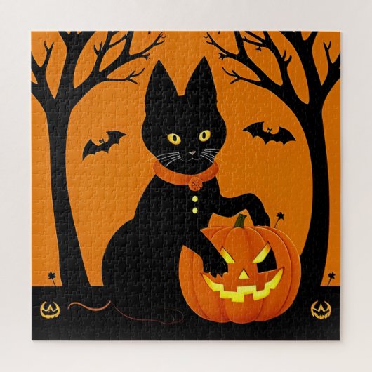 ハロウィンの黒猫を囲まれたジャック・o・ランタン ジグソーパズル (縦)