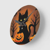 ハロウィンの黒猫を囲まれたジャック・o・ランタン ラウンド壁時計 (傾斜)