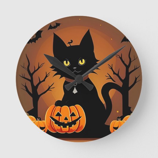 ハロウィンの黒猫を囲まれたジャック・o・ランタン ラウンド壁時計 (正面)