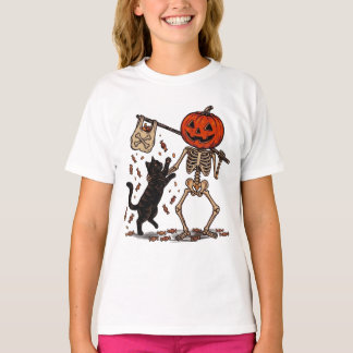 ハロウィンの黒猫を散歩させる面白いスケルトン Tシャツ