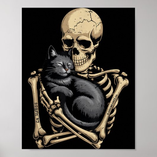 ハロウィンの黒猫スケルトンに抱っこされる猫 笑 ポスター (正面)