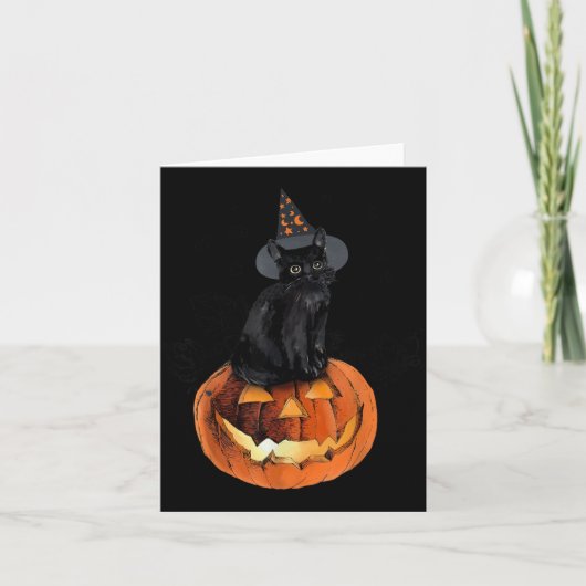 ハロウィンの黒猫 かぼちゃの上の黒猫 カード (正面)