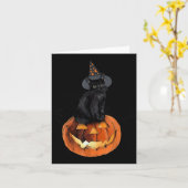 ハロウィンの黒猫 かぼちゃの上の黒猫 カード (黄色い花)