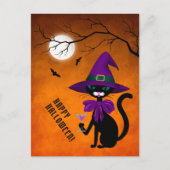 ハロウィンの黒猫 パープルの魔女の帽子と月 シーズンポストカード (正面)