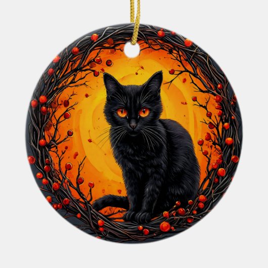 ハロウィンの黒猫・目が光る セラミックオーナメント (正面)