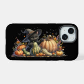 ハロウィンの黒魔女の子猫+カボチャ+瓢箪 iPhone 15ケース (裏面横)