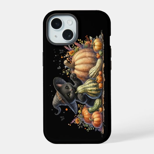 ハロウィンの黒魔女の子猫+カボチャ+瓢箪 iPhone 15ケース (裏面)