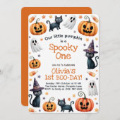 ハロウィンの1歳誕生日招待状 かわいい怖いワン 招待状 (正面/裏面)