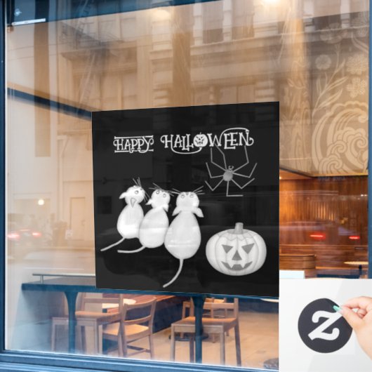 ハロウィンの3匹の猫とカボチャとクモ ウィンドウサイン (カフェ窓)