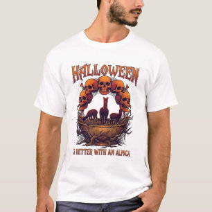 ハロウィンはアルパカが好き オレンジ ドクロ クモの巣 Tシャツ