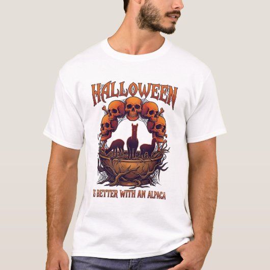 ハロウィンはアルパカが好き オレンジ ドクロ クモの巣 Tシャツ (正面)