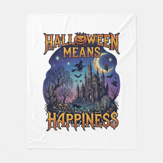 ハロウィンは幸せ 幽霊城 ウィッチ 牛 フリースブランケット (正面)