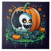 ハロウィンよくはしゃぐのカボチャから幽霊が出る タイル (正面)
