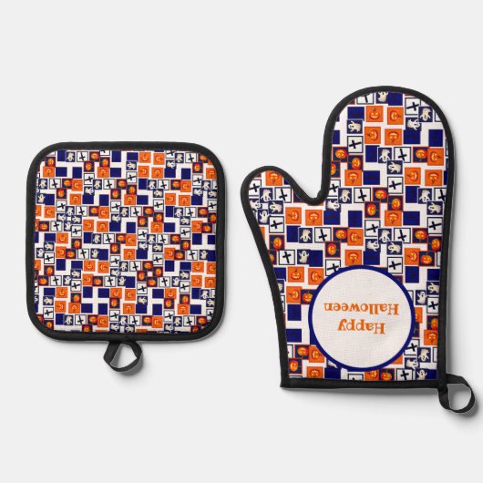 ハロウィンよくはしゃぐをテーマにしたパターン 鍋つかみ&鍋敷きセット (正面)