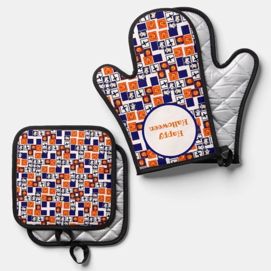 ハロウィンよくはしゃぐをテーマにしたパターン 鍋つかみ&鍋敷きセット (正面/裏面)